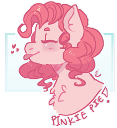 Size: 885x970 | Tagged: safe, artist:higuysimgrace, character:pinkie pie, species:earth pony, species:pony, g4, abstract background, blep, blushing, bust, chest fluff, cute, diapinkes, eyes closed, female, heart, mare, portrait, profile, solo, text, tongue out