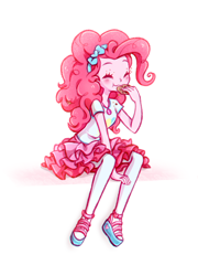 Size: 600x834 | Tagged: safe, artist:jumblehorse, character:pinkie pie, species:human, g4, my little pony:equestria girls, blushing, clothing, colored eyebrows, cookie, cute, diapinkes, eating, eyebrows, eyelashes, eyes closed, female, food, moe, pantyhose, sandals, shoes, simple background, sitting, skirt, solo, white background