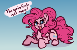 Size: 4000x2600 | Tagged: safe, artist:witchtaunter, character:pinkie pie, species:earth pony, species:pony, g4, chest fluff, colored pupils, commission, dialogue, ear fluff, eyebrows, female, fluffy, gradient background, looking at you, lying down, mare, open mouth, open smile, shoulder fluff, simple background, smiling, smiling at you, solo, speech bubble, text