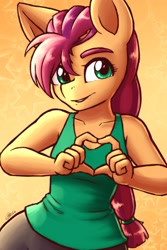 Size: 1800x2700 | Tagged: safe, artist:ketirz, artist:zaron, artist:zaronart, character:sunny starscout, species:anthro, species:earth pony, g5, abstract background, braid, clothing, colored eyebrows, eyebrows, female, gradient background, heart hands, looking at you, mare, signature, sleeveless, solo, stars, tank top, three quarter view