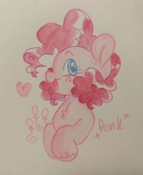 Size: 3024x3693 | Tagged: safe, artist:nullkunst, character:pinkie pie, species:earth pony, species:pony, g4, blushing, bust, colored eyebrows, cutie mark, eyebrows, female, ink drawing, looking at you, mare, open mouth, open smile, painting, profile, simple background, smiling, solo, text, traditional art, unshorn fetlocks, watercolor painting