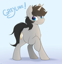Size: 1000x1038 | Tagged: safe, artist:higgly-chan, oc, oc only, oc:greyline, species:pony, species:unicorn, g4, aside glance, black mane, black tail, blue eyes, chest fluff, colored eyebrows, cute, eyebrows, eyebrows visible through hair, gray coat, happy, horn, looking sideways, male, ocbetes, raised hoof, simple background, smiling, solo, sparkly eyes, stallion, tail, text, three quarter view, unicorn oc