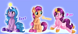 Size: 4248x1852 | Tagged: safe, artist:appleneedle, character:izzy moonbow, character:pipp petals, character:sunny starscout, species:earth pony, species:pegasus, species:pony, species:unicorn, g5, adorapipp, alternate eye color, ball, bracelet, braid, childproof horn, circlet, colored hooves, cute, female, flying, gradient hair, grin, hooves, horn, horn guard, hornball, izzy's tennis ball, izzybetes, jewelry, mare, markings, multicolored hair, open mouth, pipp wings, raised hoof, red eyes, simple background, sitting, smiling, sunnybetes, tennis ball, three quarter view, toy, trio, unshorn fetlocks, wings