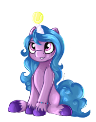 Size: 1605x2039 | Tagged: safe, artist:appleneedle, character:izzy moonbow, species:pony, species:unicorn, g5, ball, bracelet, colored hooves, cute, female, gradient hair, grin, hooves, horn, horn guard, hornball, izzy's tennis ball, izzybetes, jewelry, mare, multicolored hair, simple background, sitting, smiling, solo, tennis ball, toy, transparent background, unshorn fetlocks