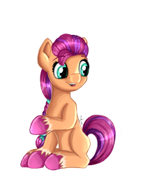 Size: 1497x1852 | Tagged: safe, artist:appleneedle, character:sunny starscout, species:earth pony, species:pony, g5, braid, colored hooves, cute, female, hooves, looking sideways, mare, open mouth, raised hoof, simple background, sitting, solo, sunnybetes, transparent background, unshorn fetlocks