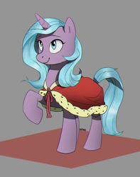 Size: 1964x2490 | Tagged: safe, artist:cadillacdynamite, character:radiant hope, species:crystal pony, species:pony, species:unicorn, explicit source, female, gray background, hooves, horn, mare, one hoof raised, simple background, solo, sombra's cape, tail