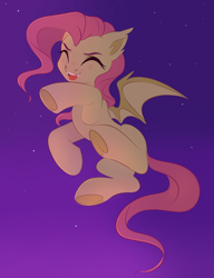 Size: 2754x3586 | Tagged: safe, artist:vetta, character:fluttershy, species:bat pony, species:pegasus, species:pony, g4, ^^, bat ponified, bat wings, blushing, colored eyebrows, ear fluff, ear tufts, eyebrows, eyes closed, fangs, female, flying, full body, high res, hooves, mare, night, open mouth, open smile, race swap, sharp teeth, smiling, solo, spread wings, underhoof, wings
