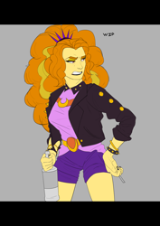 Size: 4092x5787 | Tagged: safe, artist:cadillacdynamite, derpibooru original, character:adagio dazzle, species:eqg human, species:pony, g4, my little pony:equestria girls, alcohol, bracelet, breasts, busty adagio dazzle, cigarette, clothing, drink, eyebrows, female, gray background, jacket, jewelry, large voluminous hair, leather jacket, looking back, mare, nail polish, narrowed eyes, open mouth, shirt, shorts, simple background, solo, wip