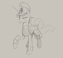 Size: 3614x3339 | Tagged: safe, artist:cadillacdynamite, character:princess luna, species:alicorn, species:pony, g4, clothing, dragoon, ethereal mane, female, folded wings, galaxy mane, gray background, helmet, hooves, horn, lidded eyes, mare, monochrome, one hoof raised, simple background, sketch, solo, uniform, wings