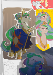 Size: 4092x5787 | Tagged: safe, artist:cadillacdynamite, character:guardian angel, character:princess celestia, species:alicorn, species:pegasus, species:pony, g4, armor, blushing, crown, crying, duo, duo female, ear piercing, earring, ethereal mane, female, females only, floppy ears, glowing horn, gritted teeth, guard, guardsmare, horn, jewelry, magic, mare, necklace, peytral, piercing, regalia, robe, sombra eyes