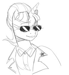 Size: 601x648 | Tagged: safe, artist:cadillacdynamite, community related, character:starlight glimmer, species:pony, species:unicorn, equestria at war mod, g4, clothing, female, horn, mare, monochrome, s5 starlight, simple background, sketch, smiling, solo, suit, sunglasses, white background