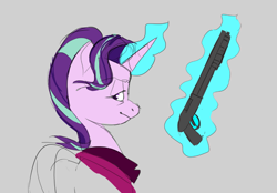 Size: 818x570 | Tagged: safe, artist:cadillacdynamite, character:starlight glimmer, species:pony, species:unicorn, g4, explicit source, female, glowing horn, gray background, gun, horn, levitation, lidded eyes, looking sideways, magic, mare, older starlight glimmer, shotgun, simple background, solo, telekinesis, weapon