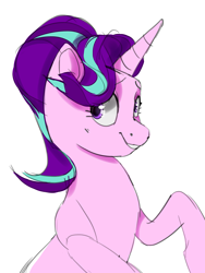 Size: 2440x3252 | Tagged: safe, artist:cadillacdynamite, derpibooru original, character:starlight glimmer, species:pony, species:unicorn, g4, cute, explicit source, eyebrows, female, glimmerbetes, grin, horn, looking back, mare, nervous, nervous grin, simple background, smiling, solo, white background, wide eyes