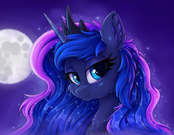 Size: 2592x2016 | Tagged: safe, artist:zeepheru_pone, character:princess luna, species:alicorn, species:pony, g4, bust, cheek fluff, chest fluff, colored eyebrows, cute, ear fluff, ethereal mane, eyebrows, female, fluffy, galaxy mane, high res, jewelry, looking at you, lunabetes, mare, moon, necklace, night, night sky, peytral, portrait, sky, smiling, smiling at you, solo, three quarter view