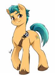 Size: 2064x2889 | Tagged: safe, alternate version, artist:nekoshiei, character:hitch trailblazer, species:earth pony, species:pony, g5, blaze (coat marking), colored eyebrows, colored hooves, eyebrows, hooves, looking at you, male, signature, simple background, smiling, smiling at you, solo, stallion, unshorn fetlocks, white background