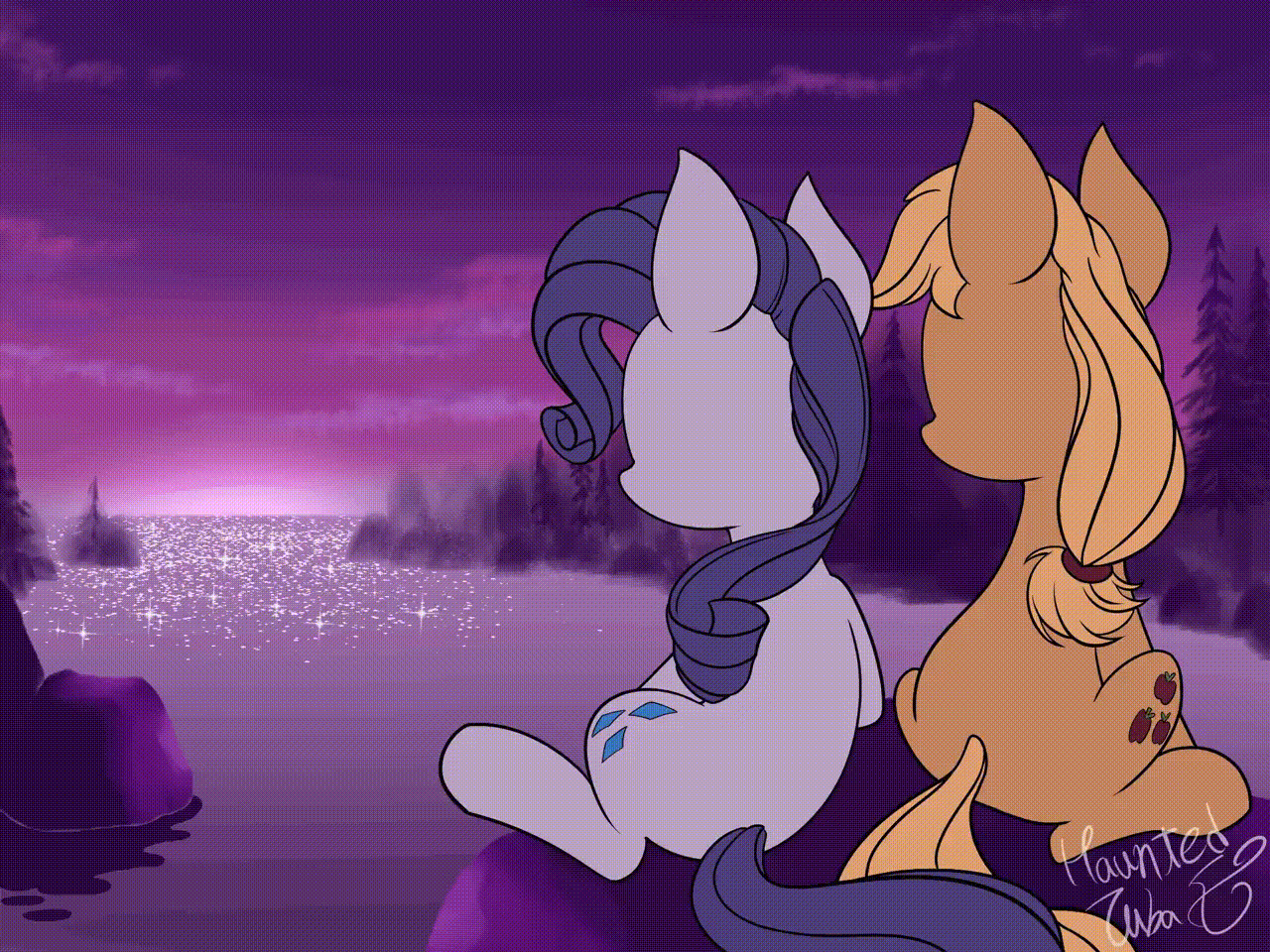 Size: 1280x960 | Tagged: safe, artist:hauntedtuba, character:applejack, character:rarity, species:earth pony, species:pony, species:unicorn, g4, animated, detailed background, duo, female, mare, signature, sitting, twilight (astronomy), water