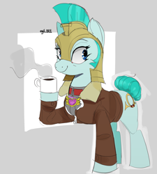 Size: 3180x3532 | Tagged: safe, artist:cadillacdynamite, community related, oc, oc only, species:earth pony, species:pony, equestria at war mod, clothing, coffee, coffee mug, cutie mark, drink, equestrian pink heart of courage, eyebrows, eyelashes, female, guard, guardsmare, helmet, hooves, jacket, looking sideways, mare, mug, one hoof raised, simple background, smiling, solo, tail bun, zipper