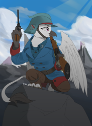 Size: 3792x5187 | Tagged: safe, artist:cadillacdynamite, community related, oc, oc only, species:griffon, equestria at war mod, clothing, cloud, commission, crouching, female, gun, helmet, military, military uniform, mountain, pistol, revolver, rifle, sky, solo, spread wings, tail, uniform, weapon, wings