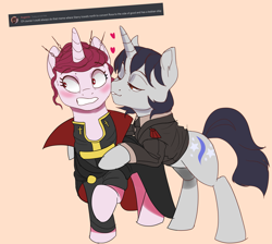 Size: 3637x3265 | Tagged: safe, artist:cadillacdynamite, oc, oc:rosa maledicta, oc:starry night (eaw), species:pony, species:unicorn, equestria at war mod, bedroom eyes, blushing, cheek kiss, clothing, crack shipping, cutie mark, duo, duo female, female, females only, floating heart, heart, implied vampire, kissing, lesbian, lidded eyes, looking sideways, shipping, simple background, tail, uniform
