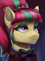 Size: 1560x2100 | Tagged: safe, artist:cadillacdynamite, community related, character:sour sweet, species:earth pony, species:pony, equestria at war mod, g4, my little pony:equestria girls, bust, clothing, crystal prep academy uniform, cute, equestria girls ponified, eyebrows, eyelashes, eyeshadow, female, freckles, lidded eyes, makeup, mare, ponified, ponytail, portrait, school uniform, shadowbolts, smiling, solo, sourbetes, species swap, uniform