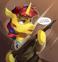 Size: 2150x2300 | Tagged: safe, artist:cadillacdynamite, community related, oc, oc only, oc:sunrise moonshadow, species:pony, equestria at war mod, clothing, commission, dialogue, gun, horn, lidded eyes, male, medal, rifle, simple background, solo, stallion, text, weapon