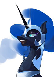 Size: 2480x3508 | Tagged: safe, artist:cadillacdynamite, character:nightmare moon, character:princess luna, species:alicorn, species:pony, g4, bust, ethereal mane, explicit source, eyelashes, female, helmet, horn, lidded eyes, mare, open mouth, portrait, simple background, slit eyes, solo, white background