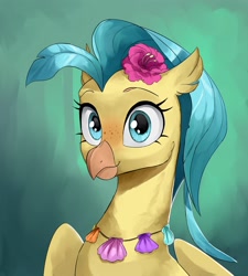 Size: 2700x3000 | Tagged: safe, alternate version, artist:cadillacdynamite, character:princess skystar, species:classical hippogriff, species:hippogriff, g4, blushing, bust, cute, explicit source, eyebrows, eyelashes, female, flower, flower in hair, freckles, green background, jewelry, necklace, portrait, shell necklace, simple background, skyabetes, solo
