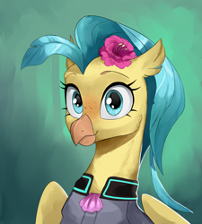 Size: 2700x3000 | Tagged: safe, alternate version, artist:cadillacdynamite, derpibooru original, character:princess skystar, species:classical hippogriff, species:hippogriff, g4, blue eyes, blushing, bust, clothing, cute, explicit source, eyebrows, eyelashes, female, flower, flower in hair, freckles, green background, jewelry, necklace, portrait, simple background, skyabetes, solo, uniform