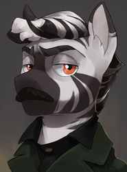 Size: 509x686 | Tagged: safe, artist:cadillacdynamite, community related, derpibooru original, oc, oc only, species:zebra, equestria at war mod, bust, clothing, ear fluff, explicit source, eyebrows, facial hair, frown, looking sideways at you, male, moustache, orange eyes, portrait, simple background, solo, suit