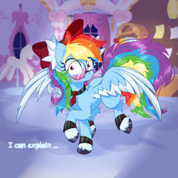 Size: 2500x2500 | Tagged: safe, artist:rurihal, character:rainbow dash, species:pegasus, species:pony, g4, blushing, caught, clothing, colored hooves, colored wings, cute, dashabetes, dialogue, ear fluff, embarrassed, female, glasses, hooves, looking at you, mare, messy mane, multicolored wings, rainbow dash always dresses in style, raised hoof, shrunken pupils, solo, spread wings, text, three quarter view, two toned wings, unshorn fetlocks, wings