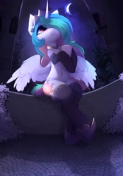 Size: 2764x3960 | Tagged: safe, artist:magnaluna, character:princess celestia, species:alicorn, species:pony, g4, belly button, clothing, crescent moon, crown, female, gloves, hair over one eye, hoof shoes, jewelry, looking up, mare, moon, night, night sky, regalia, semi-anthro, shoes, sitting, sky, socks, solo, stockings, thigh highs