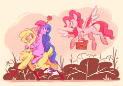 Size: 2000x1400 | Tagged: safe, artist:scribblepotato, community related, character:izzy moonbow, character:paprika paca, character:pinkie pie, species:alpaca, species:pegasus, species:pony, species:unicorn, them's fightin' herds, g4, g5, basket, bracelet, colored hooves, colored wings, eyebrows, eyebrows visible through hair, female, food, gradient hair, hooves, izzy impaling things, jewelry, looking at each other, mare, muffin, multicolored hair, multicolored wings, necklace, one eye closed, open mouth, open smile, pegasus pinkie pie, profile, race swap, smiling, two toned wings, unshorn fetlocks, wings