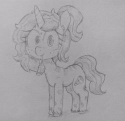 Size: 3199x3096 | Tagged: safe, artist:cherro, oc, oc only, oc:mercurial, species:pony, species:unicorn, cutie mark, ear fluff, eye clipping through hair, eyelashes, freckles, horn, monochrome, pencil drawing, simple background, solo, tail, traditional art