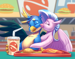Size: 2532x1983 | Tagged: safe, artist:kittytitikitty, character:gallus, character:silverstream, species:classical hippogriff, species:griffon, species:hippogriff, ship:gallstream, g4, burger, cheek kiss, cute, diastreamies, drink, embrace, fast food, female, food, french fries, gallabetes, hamburger, interspecies, kissing, male, profile, shipping, spread wings, straight, teenager, three quarter view, wings