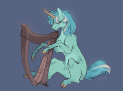 Size: 2647x1962 | Tagged: safe, artist:hazepages, character:lyra heartstrings, species:pony, species:unicorn, g4, :<, blue background, cloven hooves, eyes closed, frown, harp, hoers, hooves, missing cutie mark, musical instrument, simple background, sitting, solo