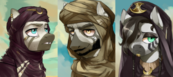 Size: 4680x2100 | Tagged: safe, artist:cadillacdynamite, community related, oc, oc only, species:zebra, equestria at war mod, beard, braid, bust, ear piercing, earring, facial hair, female, jewelry, looking at you, male, moustache, piercing, portrait, trio, tuareg, turban