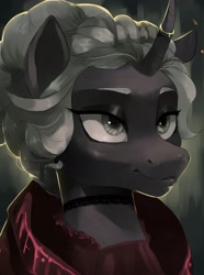 Size: 2340x3150 | Tagged: safe, artist:cadillacdynamite, community related, oc, oc only, oc:tutor libri, species:pony, species:unicorn, equestria at war mod, bust, choker, clothing, dread league, dress, eyebrows, eyelashes, female, horn, horn jewelry, horn ring, jewelry, mare, necklace, portrait, ring, solo
