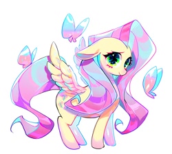 Size: 1384x1240 | Tagged: safe, artist:zzf211, character:fluttershy, species:pegasus, species:pony, g4, blushing, butterfly, cute, female, floppy ears, looking at you, mare, shyabetes, simple background, solo, spread wings, three quarter view, white background, wings