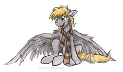 Size: 1126x657 | Tagged: safe, artist:kenket, character:derpy hooves, species:pegasus, species:pony, g4, big wings, clothing, female, mare, scarf, simple background, sitting, solo, spread wings, traditional art, white background, wings