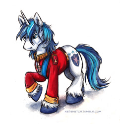 Size: 584x603 | Tagged: safe, artist:kenket, character:shining armor, species:pony, species:unicorn, g4, clothing, colored hooves, hooves, male, messy mane, raised hoof, simple background, stallion, three quarter view, uniform, unshorn fetlocks, white background