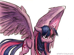 Size: 900x664 | Tagged: safe, artist:kenket, character:twilight sparkle, character:twilight sparkle (alicorn), species:alicorn, species:pony, g4, angry, big wings, female, floppy ears, frown, glare, glowing horn, horn, magic, mare, messy mane, simple background, solo, spread wings, this will not end well, traditional art, white background, wings