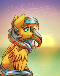 Size: 2328x2964 | Tagged: safe, artist:dandy, oc, oc only, species:pegasus, species:pony, art raffle, cutie mark, explicit source, eyebrows, eyebrows visible through hair, eyelashes, female, mare, smiling, solo, spread wings, sunset, windswept mane, wings