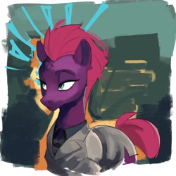 Size: 1652x1651 | Tagged: safe, artist:cadillacdynamite, character:tempest shadow, species:pony, species:unicorn, g4, abstract background, broken horn, clothing, eyebrows, eyelashes, female, frown, horn, lidded eyes, looking sideways, mare, skirt, skirt suit, solo, suit