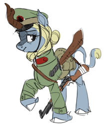 Size: 631x749 | Tagged: safe, artist:cadillacdynamite, oc, oc only, species:kirin, clothing, cloven hooves, colored, colored sketch, female, gun, hat, hooves, horn, leonine tail, military, military uniform, rifle, saddle bag, scabbard, simple background, sketch, solo, sword, tail, uniform, weapon, white background