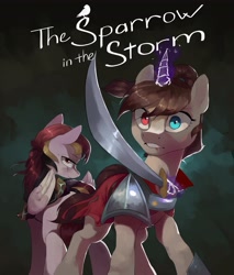 Size: 3489x4096 | Tagged: safe, artist:cadillacdynamite, oc, oc only, species:pegasus, species:pony, species:unicorn, fanfic:sparrow in the storm, abstract background, armor, duo, fanfic, fanfic cover, folded wings, glowing horn, heterochromia, horn, levitation, lip bite, looking at you, looking back, looking back at you, magic, sword, telekinesis, weapon, wings