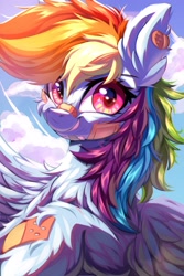 Size: 2000x3000 | Tagged: safe, artist:ask-colorsound, character:rainbow dash, species:pegasus, species:pony, g4, bandage, bandaid, bandaid on nose, chest fluff, cloud, cute, dashabetes, ear fluff, female, fluffy, injured, leg fluff, mare, scratches, sky, smiling, smirk, solo, three quarter view