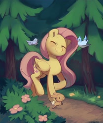 Size: 3429x4096 | Tagged: safe, artist:cherrnichka, character:fluttershy, species:bird, species:pegasus, species:pony, species:rabbit, g4, animal, cute, eyes closed, female, forest, happy, mare, raised hoof, shyabetes, solo