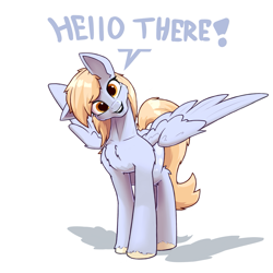 Size: 1717x1717 | Tagged: safe, artist:hc0, character:derpy hooves, species:pegasus, species:pony, g4, chest fluff, colored hooves, cute, derpabetes, dialogue, female, head tilt, hooves, looking at you, mare, simple background, solo, talking to viewer, text, unshorn fetlocks, white background, wings