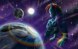 Size: 5669x3543 | Tagged: dead source, safe, artist:yalcahoon, character:rainbow dash, species:pegasus, species:pony, g4, absurd resolution, double rainboom, earth, epic, equus, female, mare, planet, ponies in space, solo, sonic rainboom, space, trail, vertigo, wings