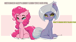 Size: 1500x838 | Tagged: safe, artist:inkypuso, character:limestone pie, character:pinkie pie, species:earth pony, species:pony, g4, blushing, cute, diapinkes, duo, eyebrows, female, grin, mare, missing cutie mark, scrunchy face, siblings, signature, simple background, sisters, sitting, smiling, text, three quarter view, tsundere